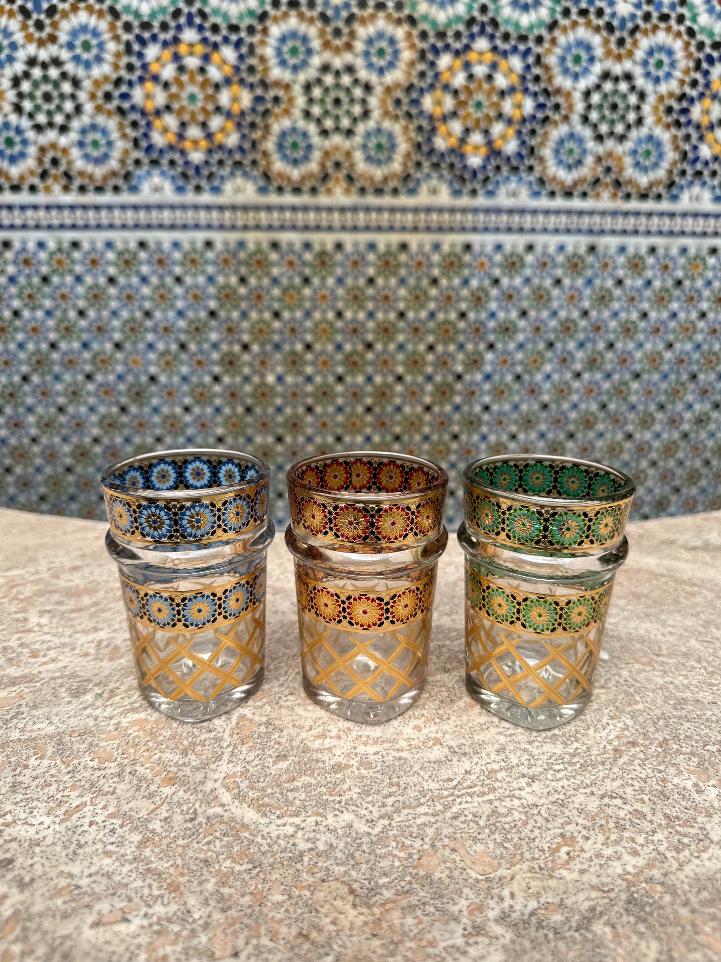 Set of 3 Moroccan Tea Glasses – Zellige & Golden Elegance