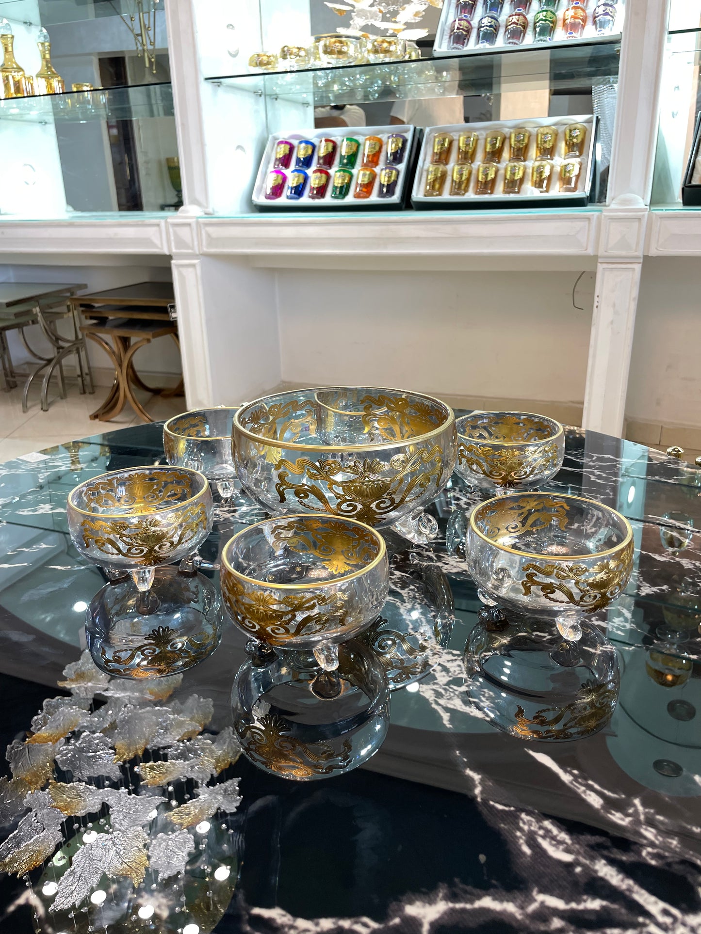 Gold Moroccan Dessert Bowl Set – 7-Piece Hand-Painted Glass Collection