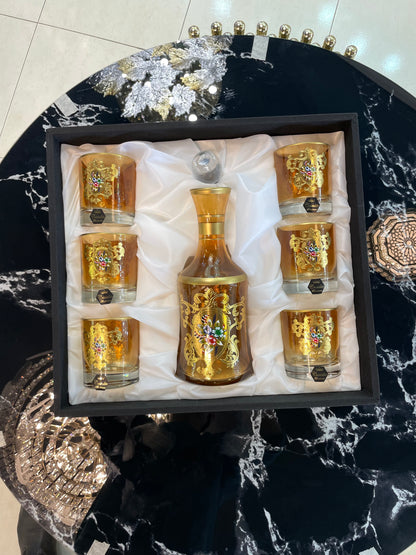 Gold Moroccan Glassware Set – Carafe & 6 Glasses | Hand-Painted Elegance