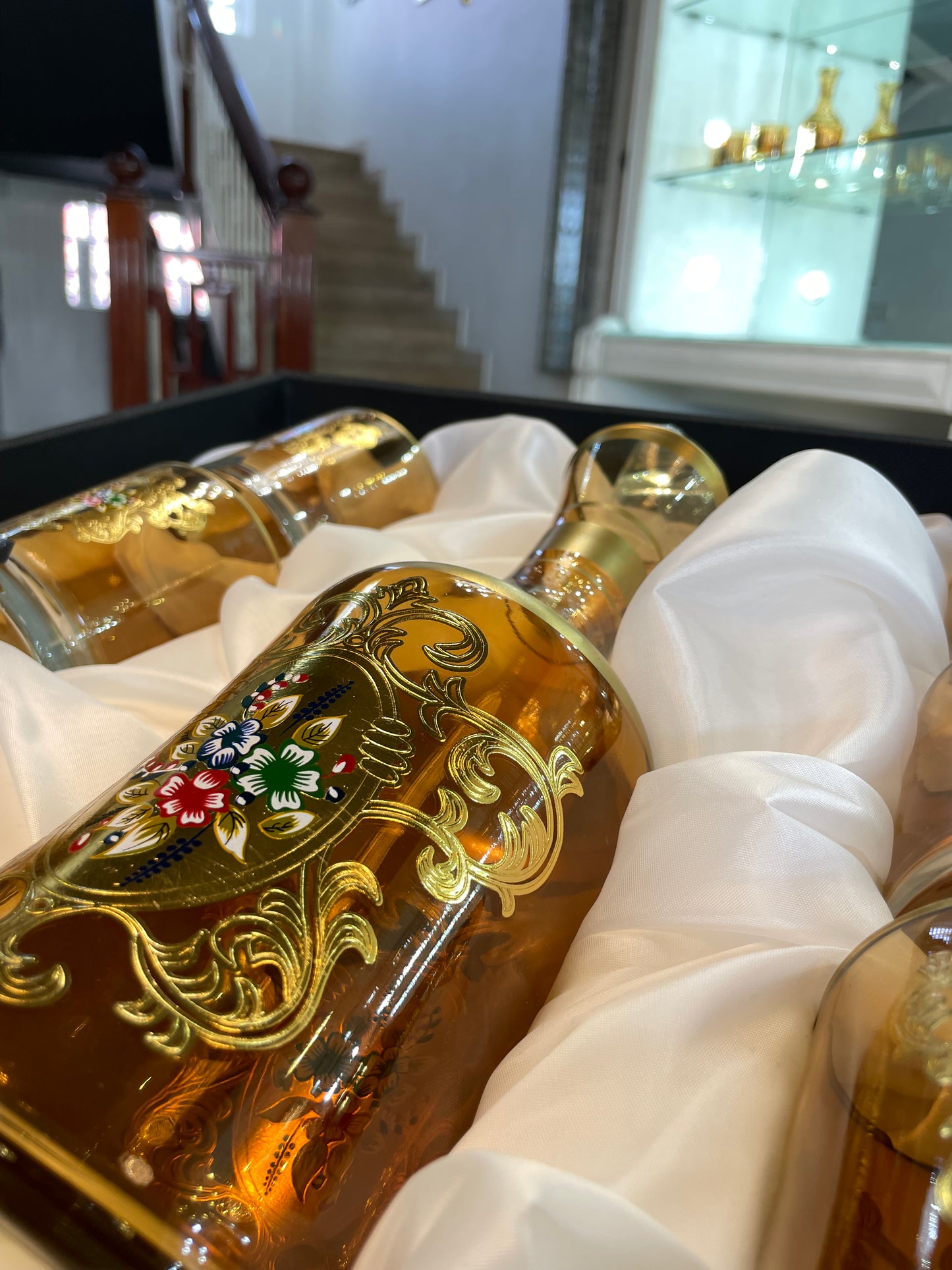 Gold Moroccan Glassware Set – Carafe & 6 Glasses | Hand-Painted Elegance