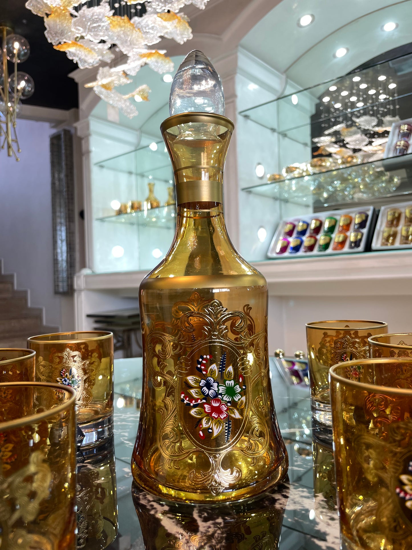 Gold Moroccan Glassware Set – Carafe & 6 Glasses | Hand-Painted Elegance