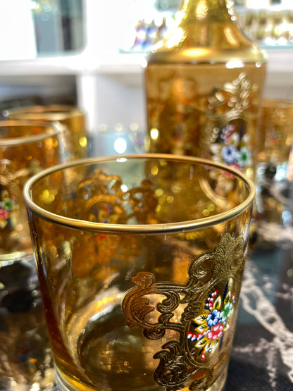 Gold Moroccan Glassware Set – Carafe & 6 Glasses | Hand-Painted Elegance