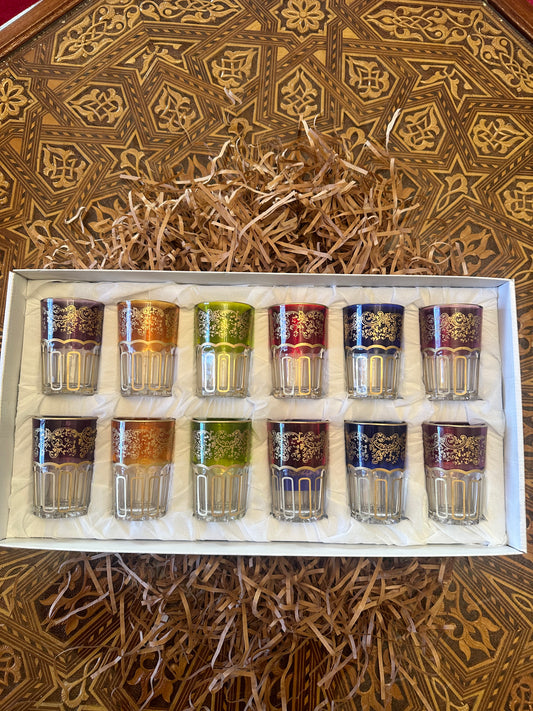 Set of 12 Moroccan Tea Glasses – Gold Finish & Vibrant Colors