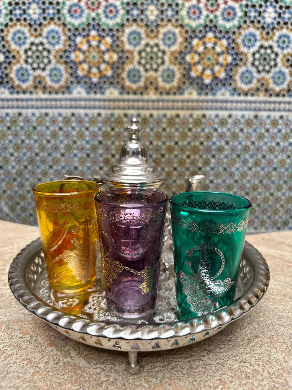 Silver Moroccan Tea Set – Colorful Trio of Atay